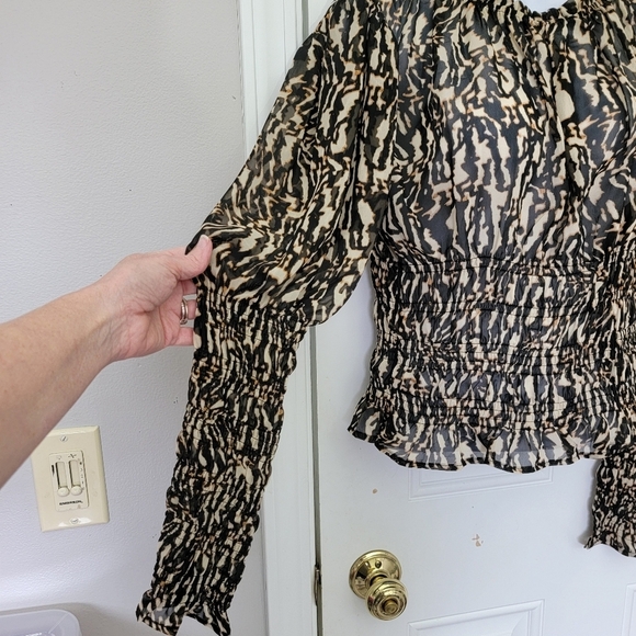 NWT Halogen Black Tan Animal Print Blouse Sheer Long Sleeve High Neck Ruched S - Picture 4 of 10